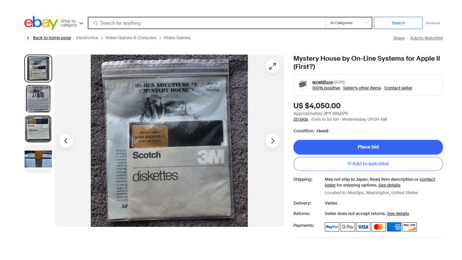 歴史的ビデオゲームパッケージがオークションに、50ドルスタートが1日で4,000ドル超え―グラフィックアドベンチャーの始祖『ミステリーハウス』初版ディスク出品される