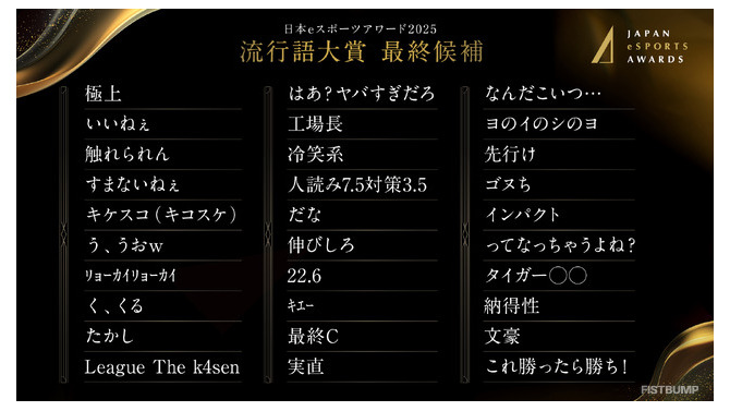 「League The k4sen」「すまないねぇ」「なんだこいつ…」などが最終候補に―「日本eスポーツアワード」流行語大賞2025最終候補が発表