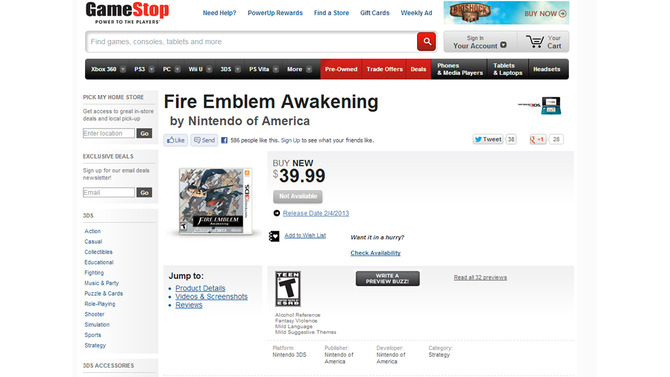 Game Stopの『ファイアーエムブレム 覚醒』商品ページ