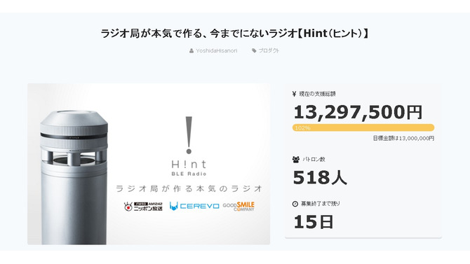 “360度クリアな音”が響くラジオ「Hint」資金調達達成！グッスマ×ニッポン放送×Cerevoが本気を出す