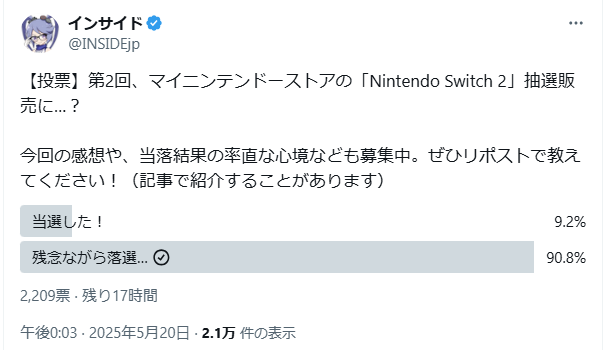 スイッチ2当落発表にホロライブのあの人も「ふぅ、落選っと…」と投稿ー阿鼻叫喚の中、運良く当選したメンバー現る