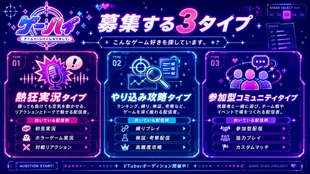 VTuberプロダクション「ゲームHIGH人になりまして。」一期生オーディション開催へ―ジャンル問わず“ゲーム好き”な候補生を広く募集