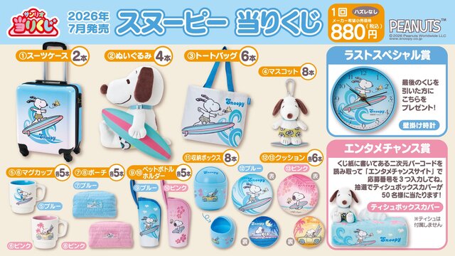 ローソンなどで「スヌーピー 当りくじ」が7月17日発売!サーフィンを楽しむ夏らしい姿のスーツケース、トードバックなどをラインナップ